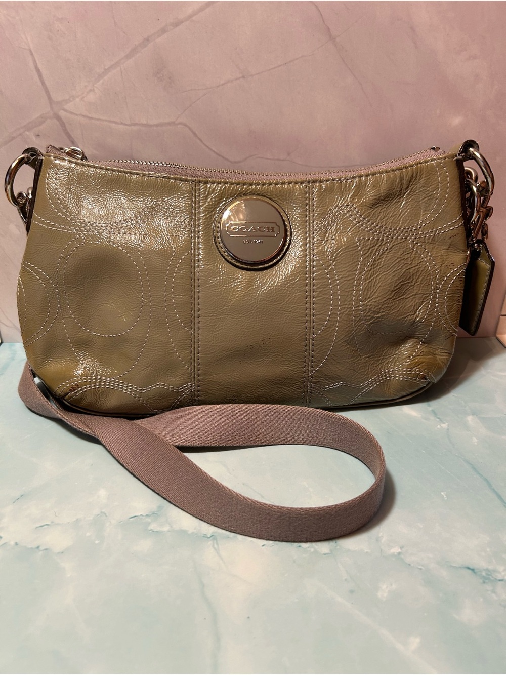 COACH Olive Green Leather Shoulder Pouch with Silver Hardware